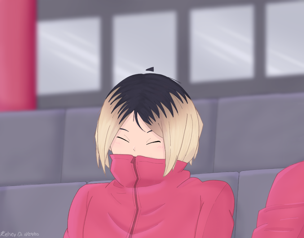 Kenma (from Haikyuu) sitting on a gymnasium seat with his eyes closed and face tucked into his jacket